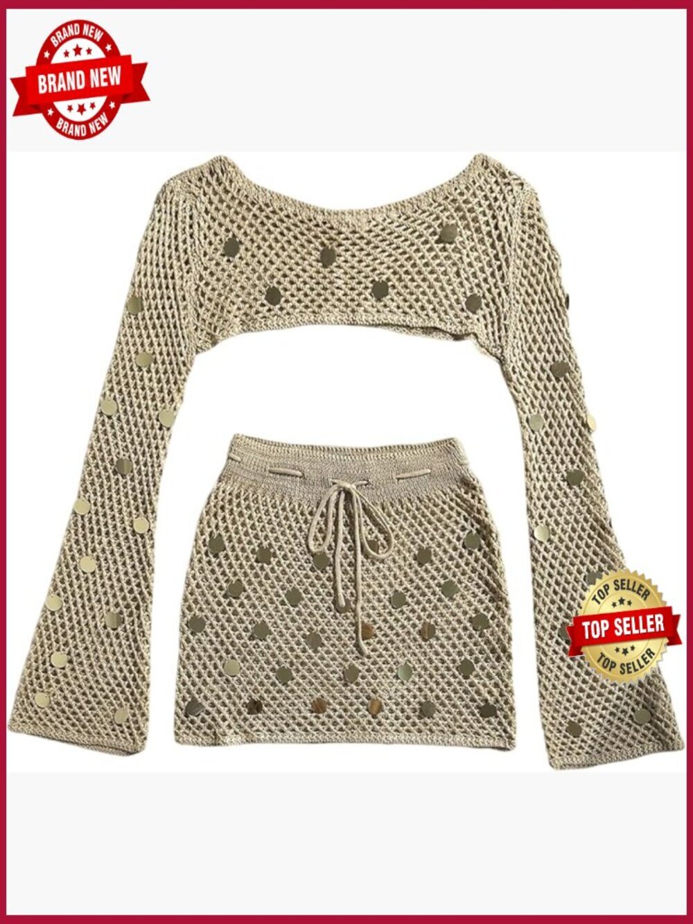 Sequin Crochet Swim Cover Up Set Long Sleeve Crop Top Skirt